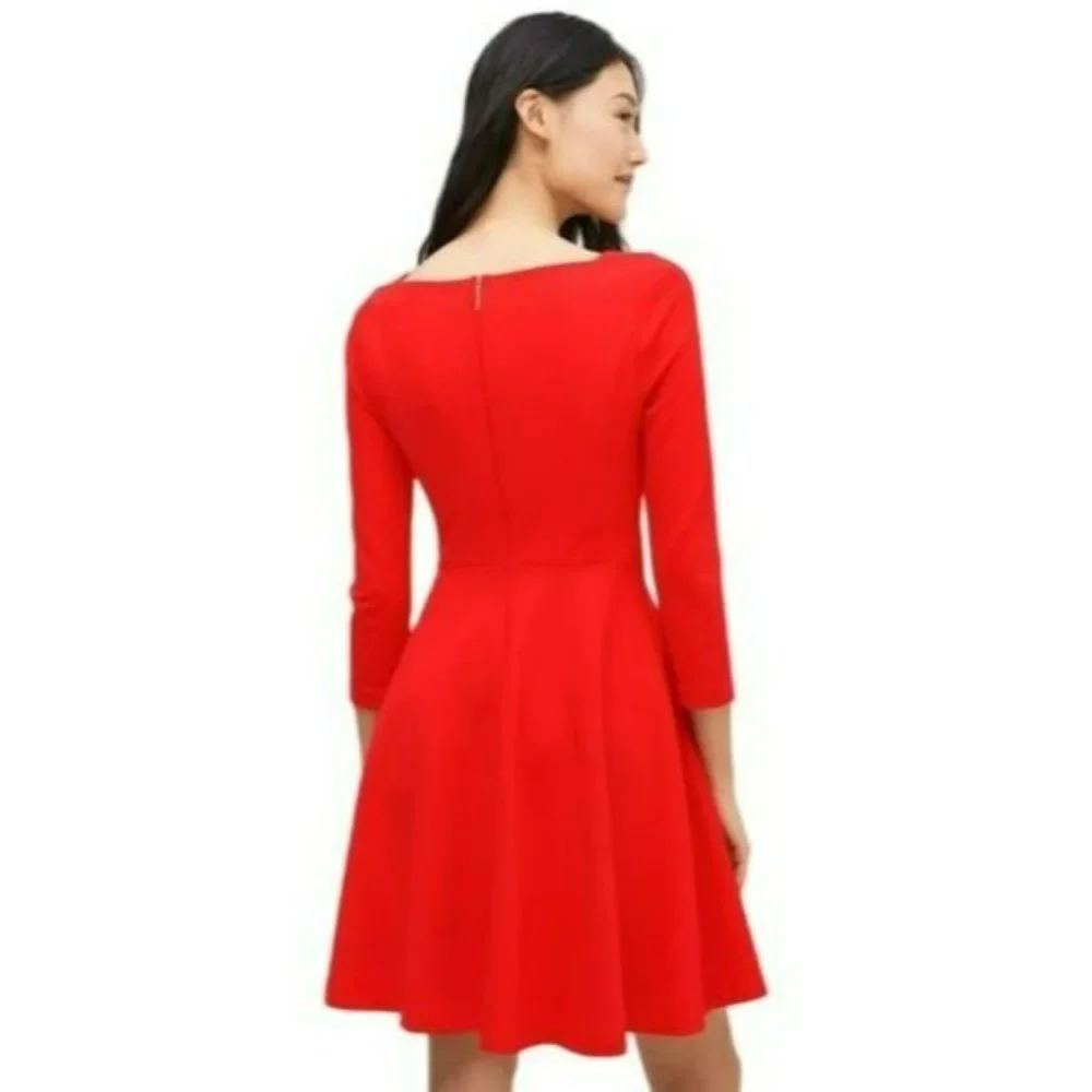 Kate Spade Fit & Flare Dress 6 Red 3/4 Sleeve Sweetheart Neck Stretch Ponte Knit